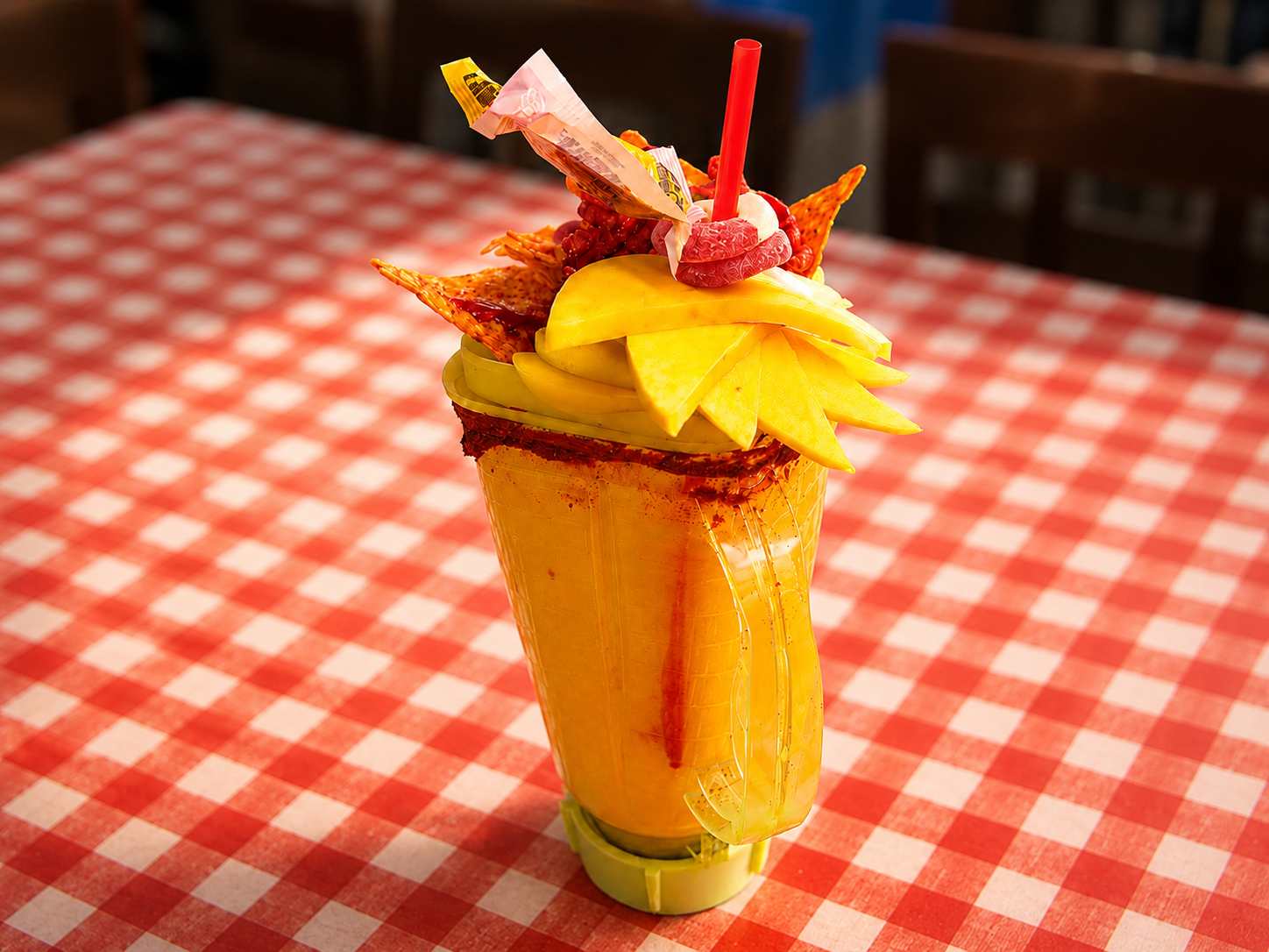 The Licuadora Loca — a vibrant mango-loaded drink topped with candy, fruit, and chamoy from Yummy Yummy Fruits and Snacks